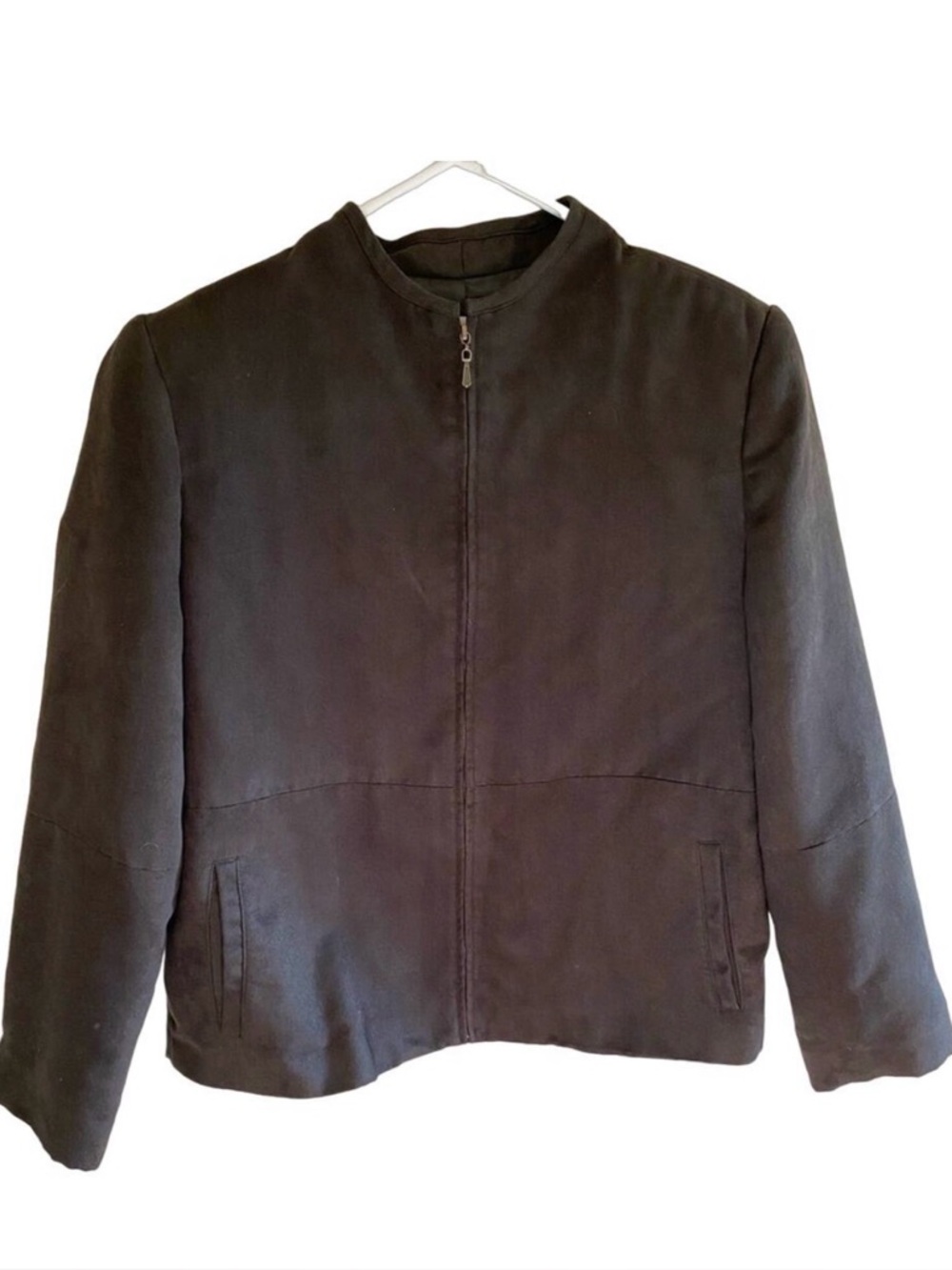 Koret Petites Army Green Faux Suede Full Zip Up Mock Neck Jacket Pockets Size 10